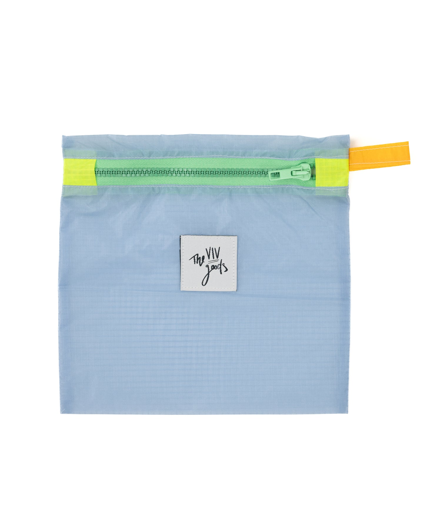 Grey and light green square zipper pouch made from upcycled ripstop nylon