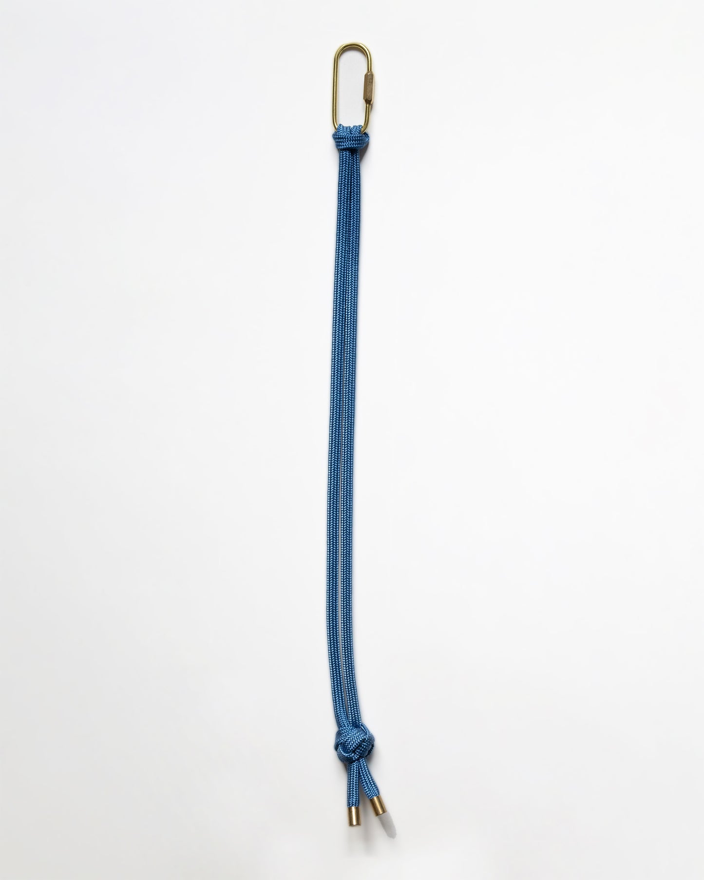 hand knotted recycled rope keychain with brass finishings and carabiner in sky blue