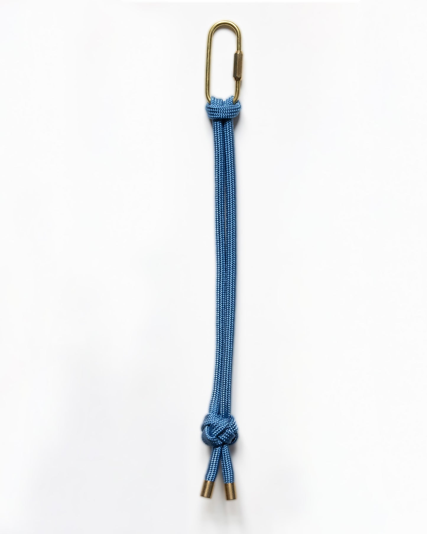 hand knotted recycled rope keychain with brass finishings and carabiner in sky blue