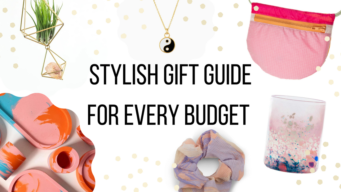 collage of accessories and gifts for women in pink purple and orange