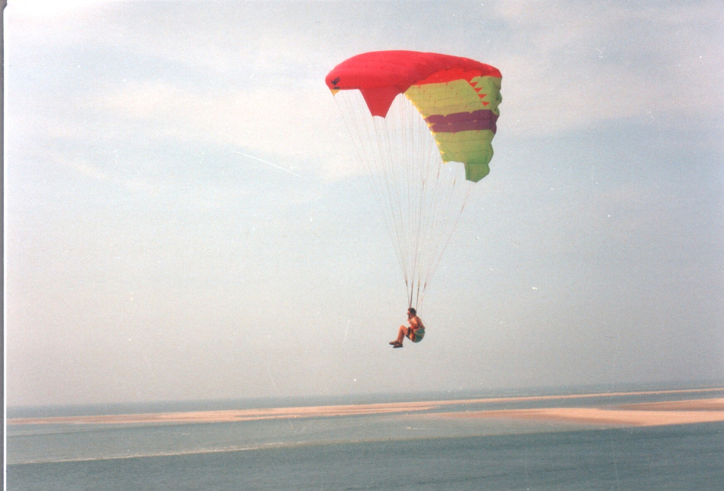 Vintage paraglider being flown by Nadine in 1990s