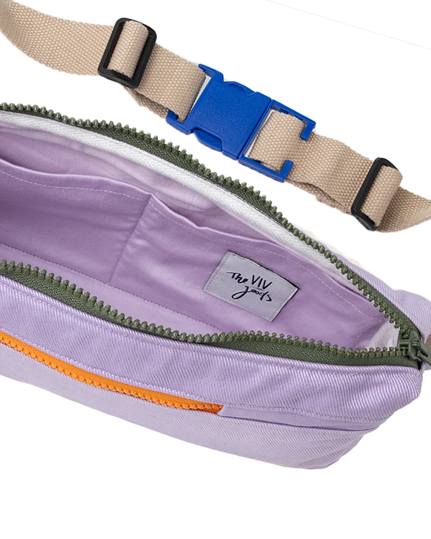 Bumbag made from reclaimed canvas in lavender with an orange zipper and a large blue buckle