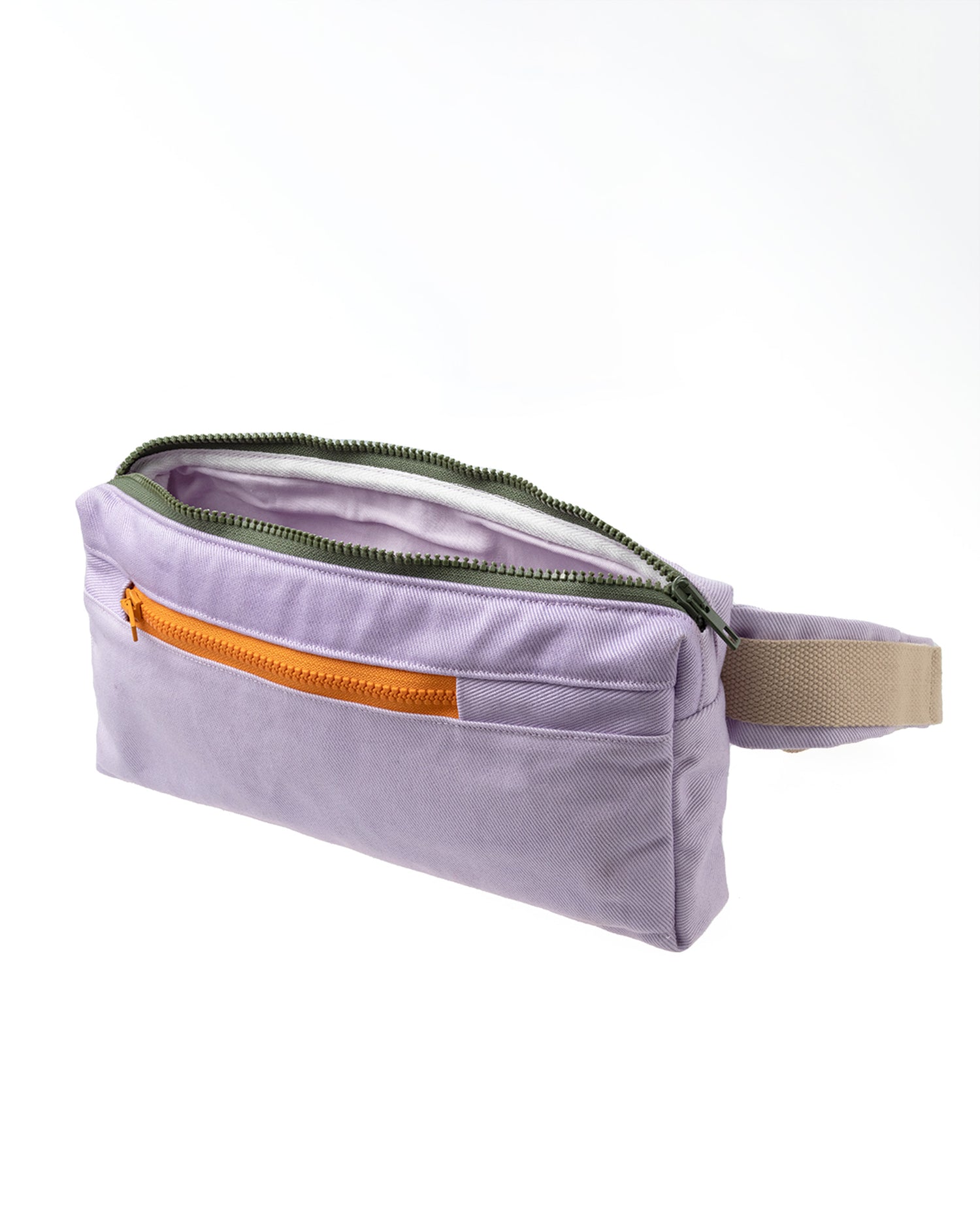 Bumbag made from reclaimed canvas in lavender with an orange zipper and a large blue buckle