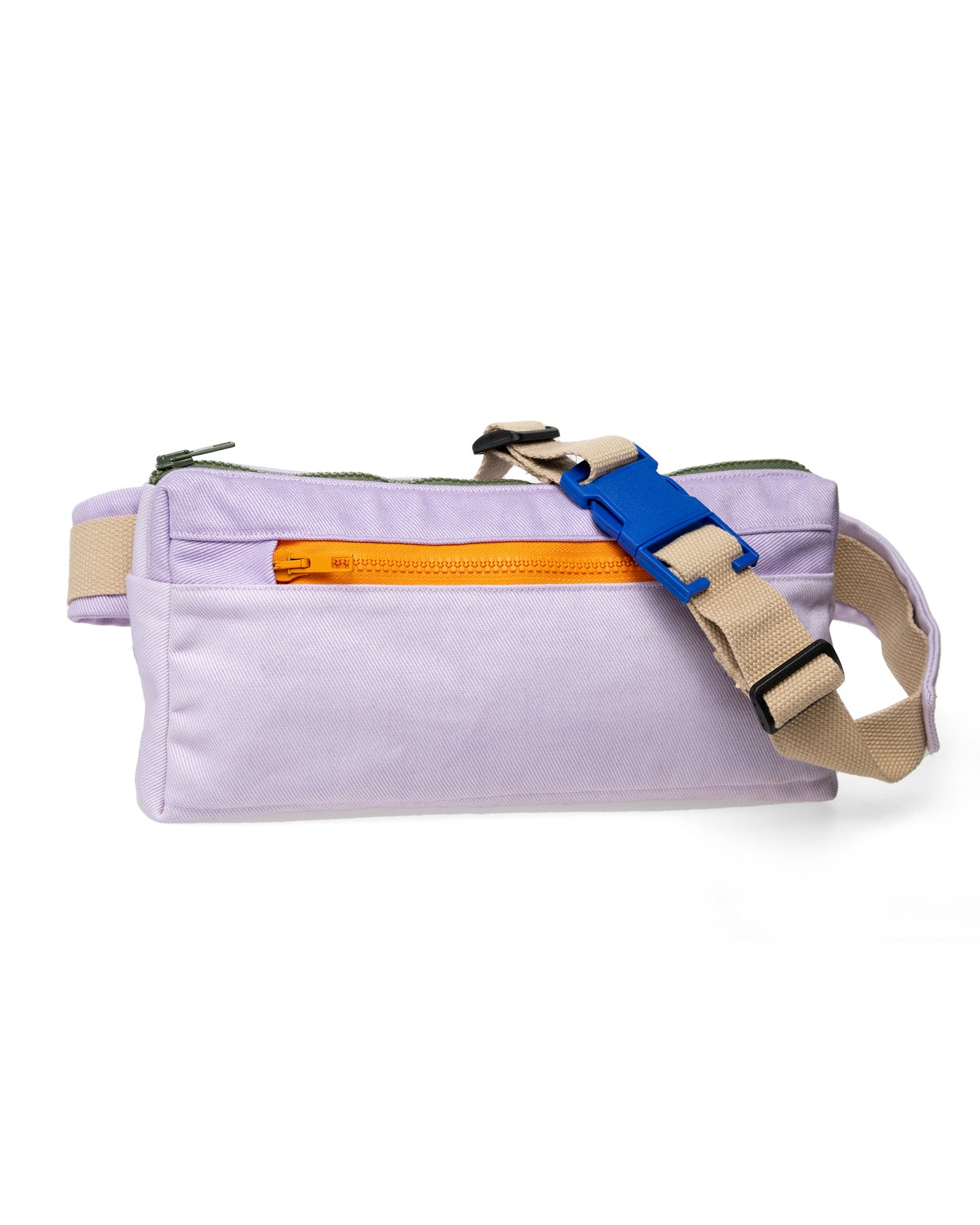 Bumbag made from reclaimed canvas in lavender with an orange zipper and a large blue buckle