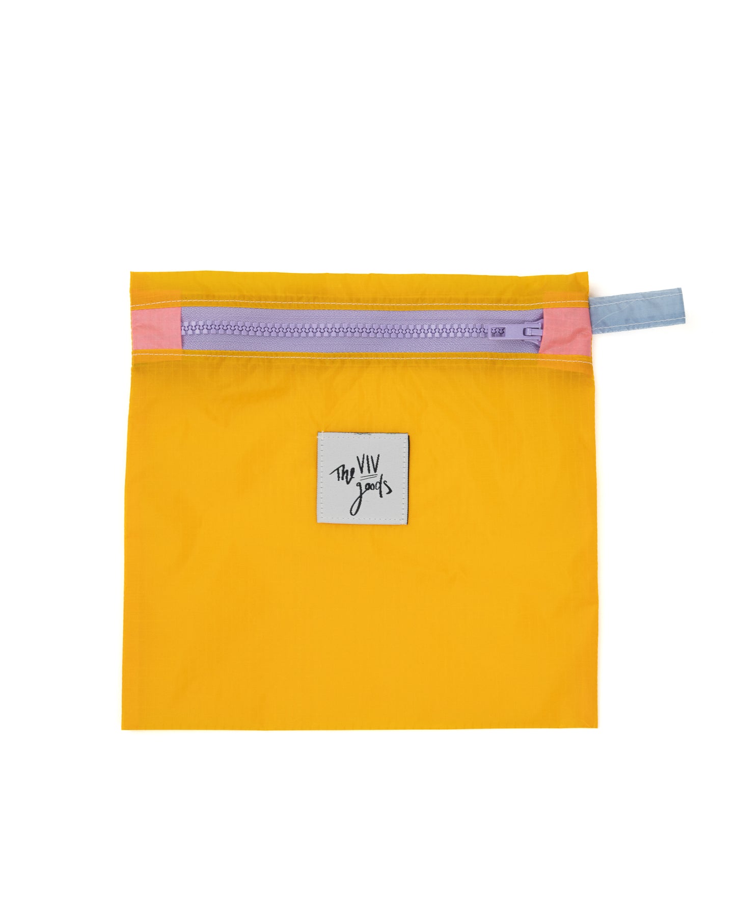 Mango colored square zipper pouch with lavender zipper. made from upcycled ripstop nylon