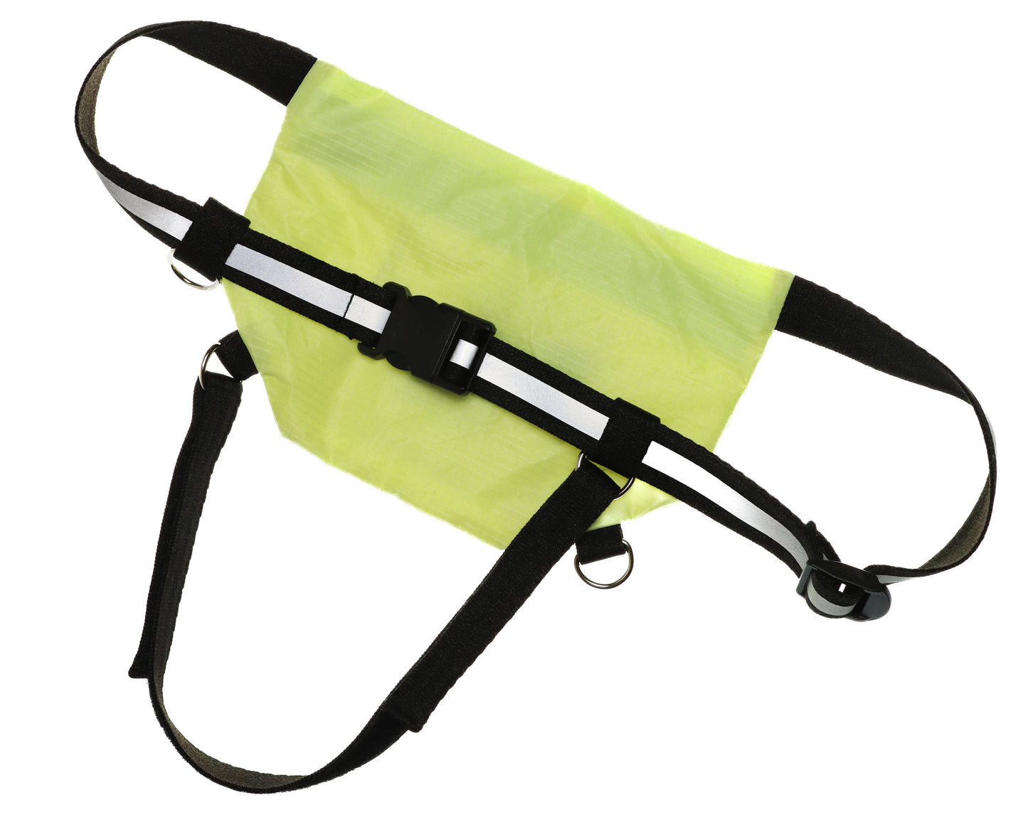 SPORT.BAG in neon yellow flat lay with reflective T strap viewed from back