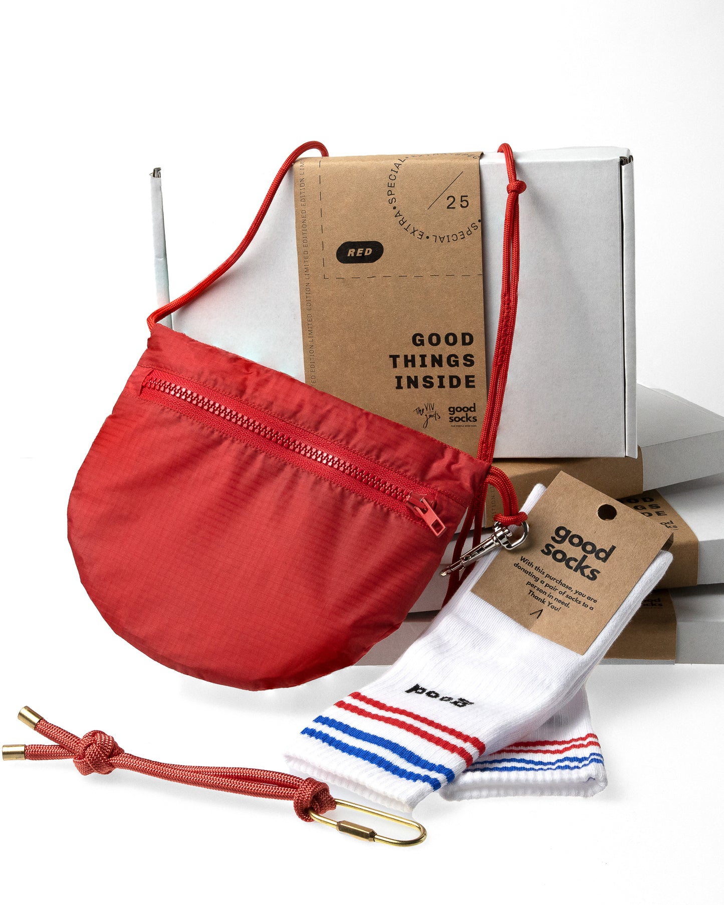 solid red U.BAG with good socks brand socks and red rope keychain