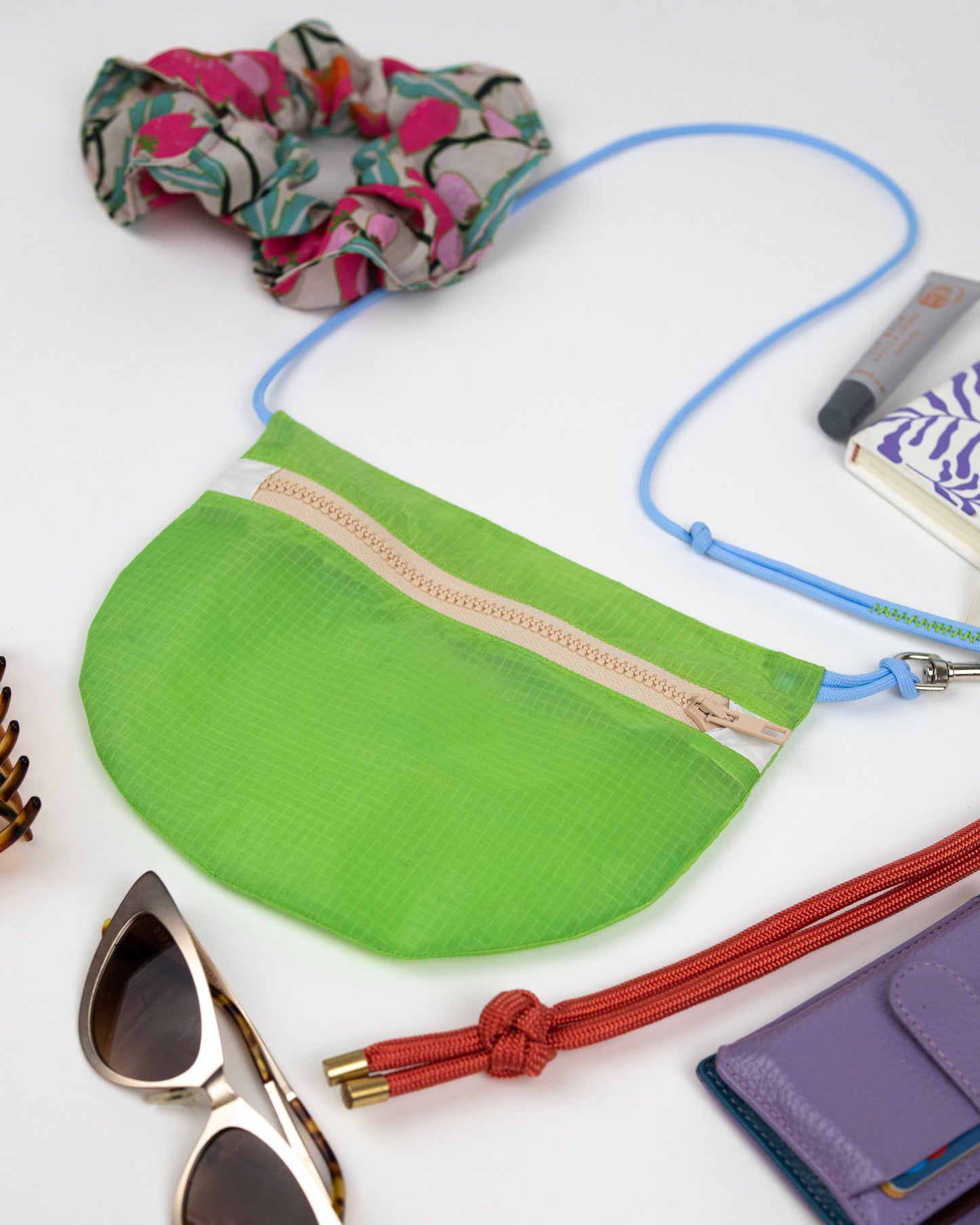 lime green and beige crossbody bag made from vintage paragliders called the U.BAG