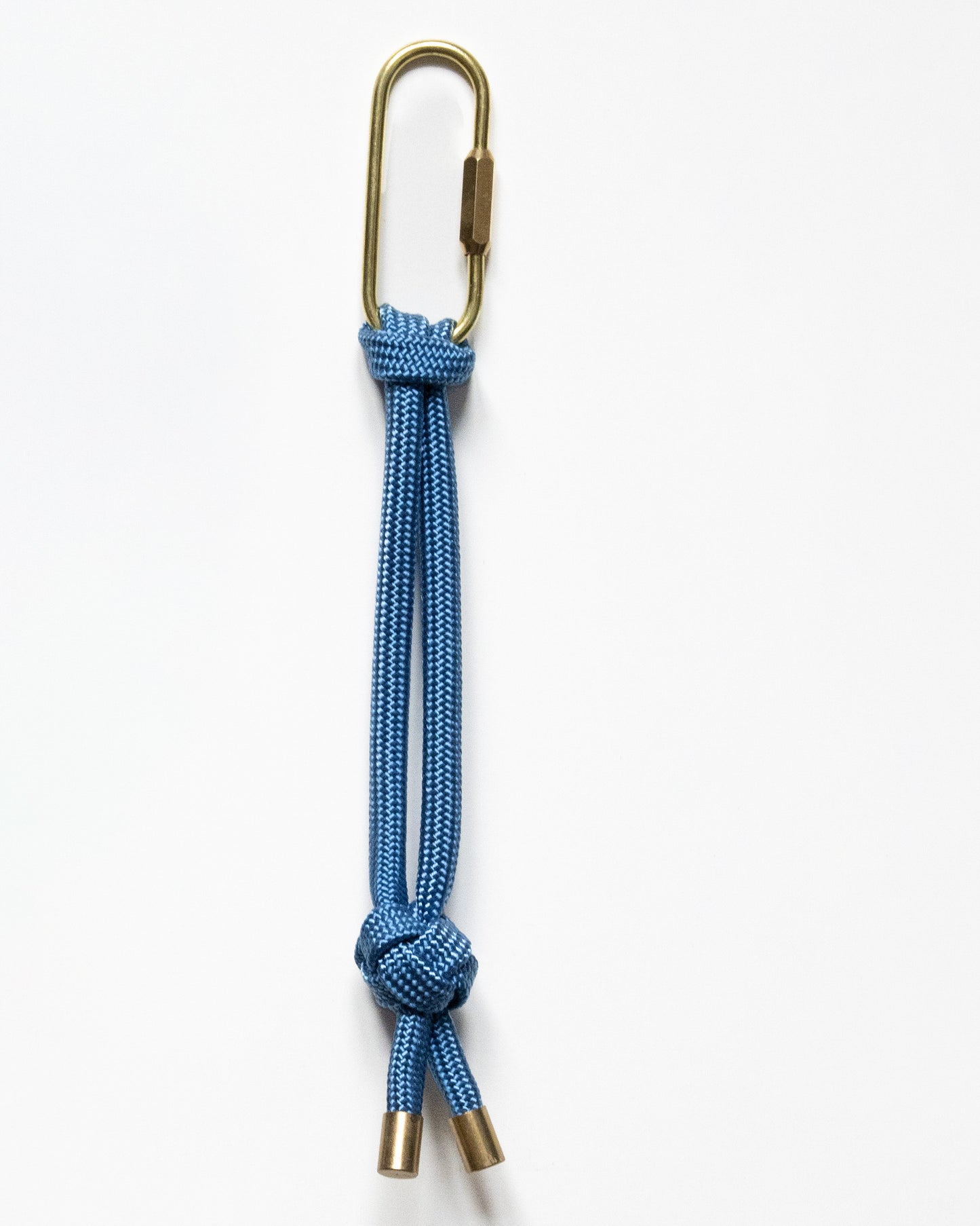 hand knotted recycled rope keychain with brass finishings and carabiner in sky blue